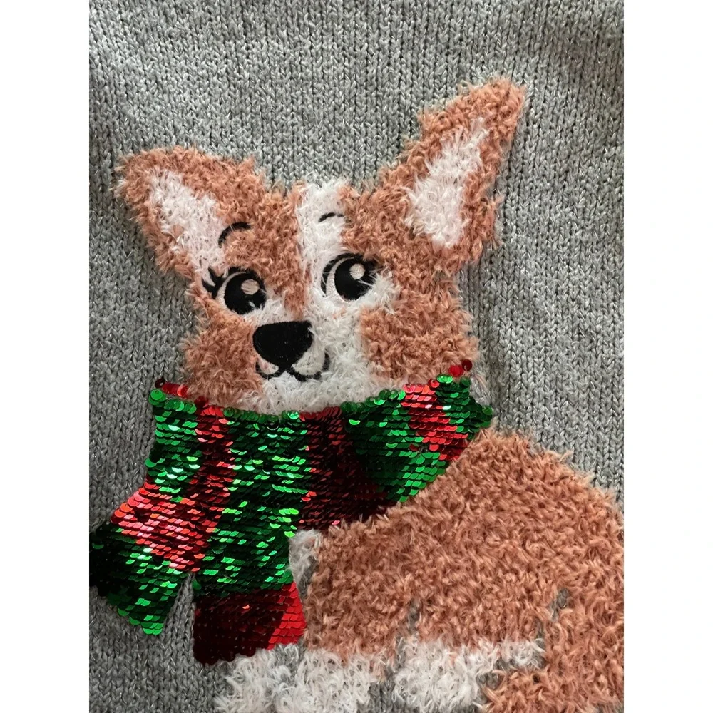Justice Grey kids Girls Corgi Puppy Dog With Scarf Sweater Size 14/16 Used